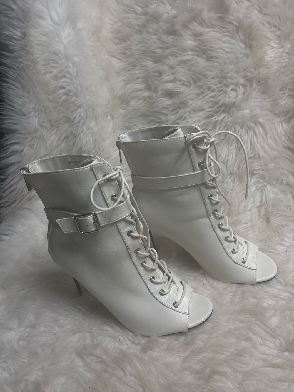 Anne Michelle White Lace-Up Peep-Toe Ankle Boots Buckle accent back zipper SZ11 - Picture 3 of 10